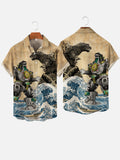 Modern Painting Ukiyo-E Godzilla With Mech Ocean Waves Personalized Printing Short Sleeve Shirt