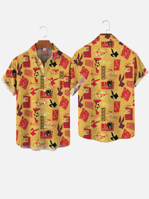 Casual Retro Cartoon Rabbits Vacation Loose Hawaiian Printing Breast Pocket Short Sleeve Shirt