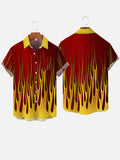 Vintage Contrast Color Yellow And Red Vogue Flames Printing Short Sleeve Shirt