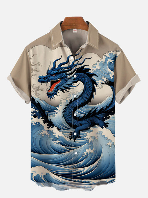 Ukiyo-E Blue Dragon And Waves Printing Short Sleeve Shirt