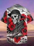 Eye-Catching Fighter And Skull Soldier With Red Blooming Flowers Printing Cuban Collar Hawaiian Short Sleeve Shirt