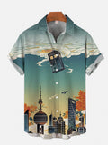 Mysterious Oriental City Scene Painting Cloud Pile And Time Travel Box Printing Short Sleeve Shirt