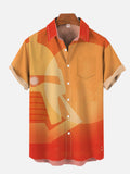 Gradient Orange Sci-Fi Space Warrior Retro Poster Printing Breast Pocket Short Sleeve Shirt