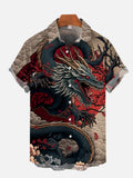 Ukiyo-e Curvy Great Angry Dragons Fire Printing Short Sleeve Shirt