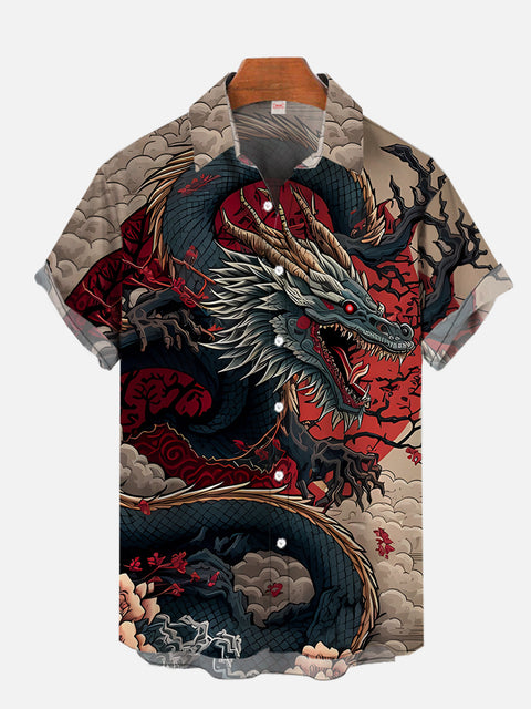 Ukiyo-e Curvy Great Angry Dragons Fire Printing Short Sleeve Shirt