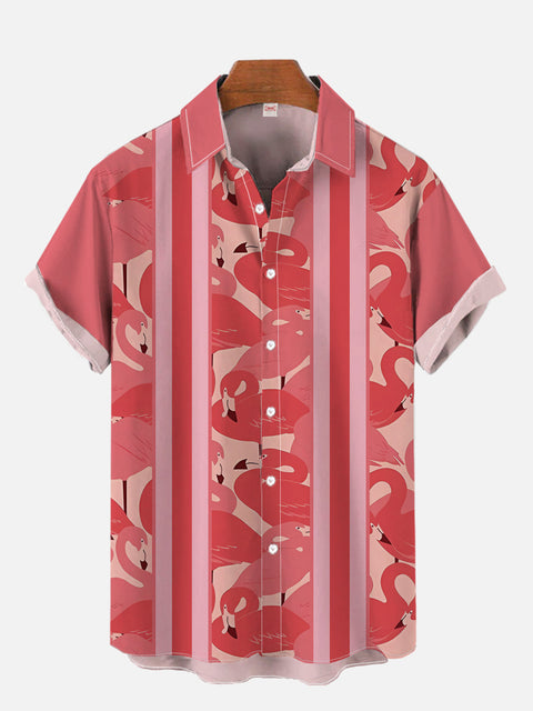 Vintage Red And Pink Flamingo Hawaiian Style Striped Short Sleeve Shirt