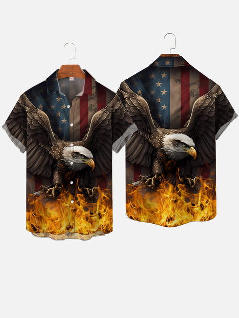 4Th Of July Classic Flaming Bald Eagle And American Flag Printing Short Sleeve Shirt