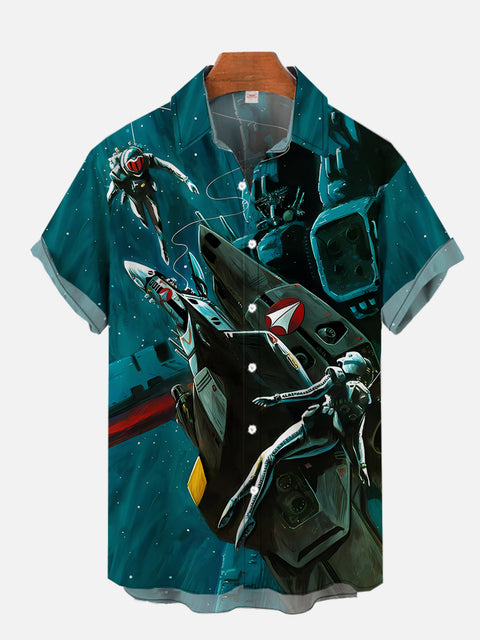 Sci-Fi Mechanical Space Battleships And Space Robot Warriors Printing Short Sleeve Shirt