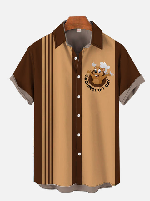 50S Vintage Brown Striped Groundhog Day Groundhog Printing Short Sleeve Shirt