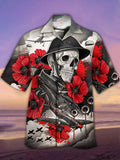 Eye-Catching Fighter And Skull Soldier With Red Blooming Flowers Printing Cuban Collar Hawaiian Short Sleeve Shirt