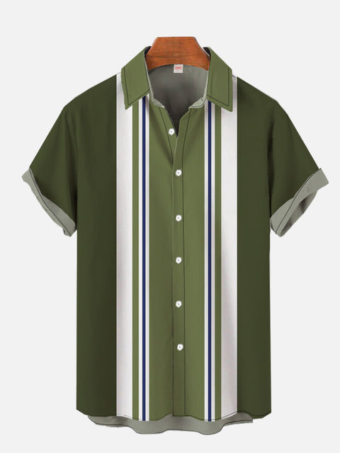 Vintage Green And White Stitching Stripe Printing Short Sleeve Shirt