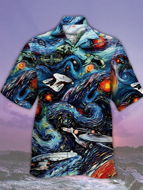Eye-Catching Galaxy Starry Sky Oil Painting And Space Ship Printing Cuban Collar Hawaiian Short Sleeve Shirt
