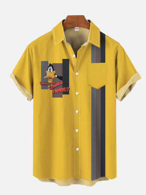 Retro Yellow And Multicolor Stripes And Duck Pattern Cartoon Costume Breast Pocket Short Sleeve Shirt