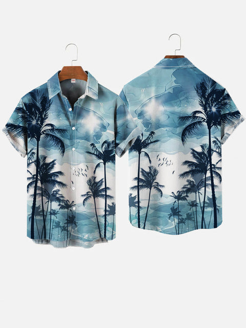 Hawaiian Beach Blue Mist And Coconut Tree Silhouettes Printing Short Sleeve Shirt