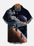 Sci-Fi Flashing Star Space Elements Spaceships And Drones Printing Short Sleeve Shirt