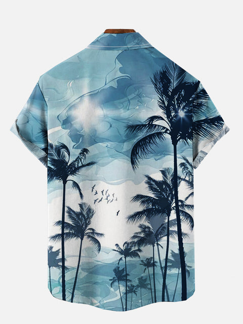 Hawaiian Beach Blue Mist And Coconut Tree Silhouettes Printing Short Sleeve Shirt