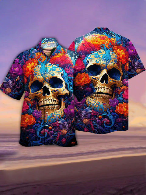 Eye-Catching Hippie Amazing Psychedelic Colorful Floral With Fancy Skull Printing Cuban Collar Hawaiian Short Sleeve Shirt