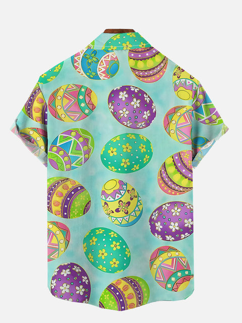 Cartoon Vintage Painted Easter Festive Eggs On Cyan Printing Short Sleeve Shirt