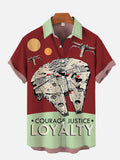 Cyan And Brown-Red Retro Poster Space War Spaceship Printing Short Sleeve Shirt