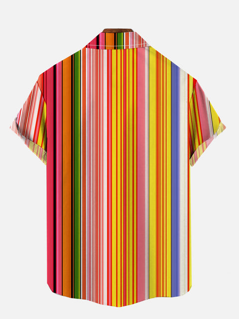 Abstract Ethnic Style Rainbow Striped Printing Breast Pocket Short Sleeve Shirt