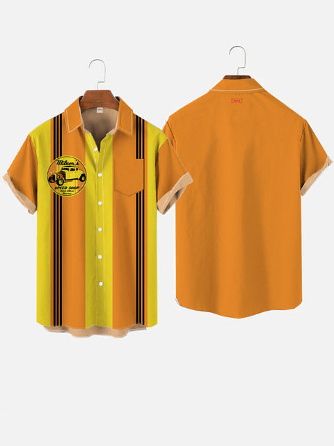 50s Retro Classic Yellow And Orange Striped Camping Breast Pocket Short Sleeve Shirt