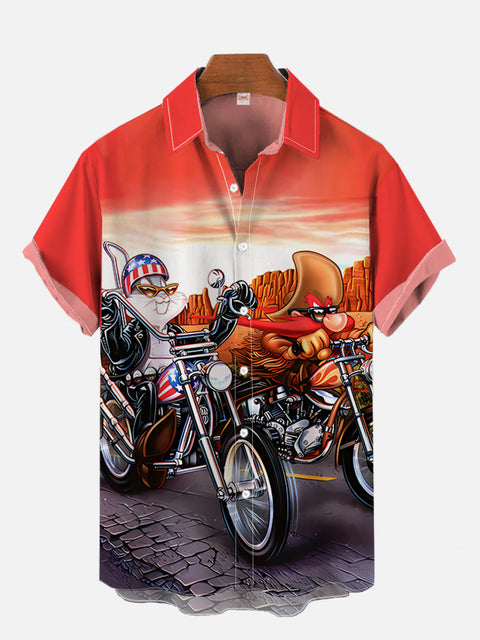 Cartoon Characters Western Cowboy Bikers Poster Printing Short Sleeve Shirt