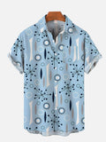 Abstract Retro Style LightBlue Mid Century Modern Geometric Pattern Atomic Starbursts Printing Breast Pocket Short Sleeve Shirt