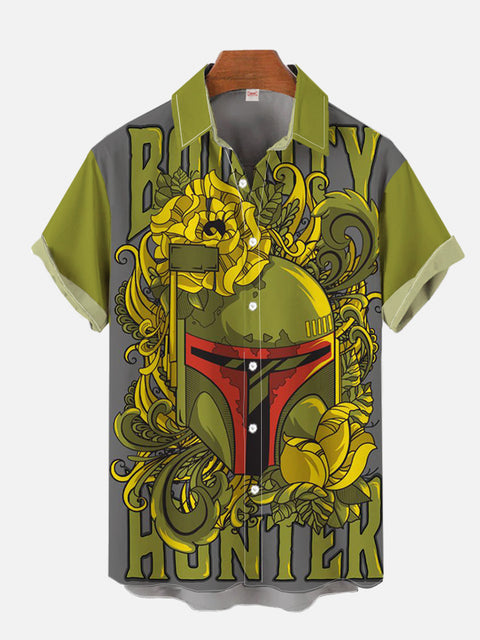 Retro Artistic Gray And Green Stitching Sci-Fi Space War Samurai Helmet Printing Short Sleeve Shirt