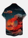Ukiyo-E Red Sun Sea Waves Clouds Printing Short Sleeve Shirt