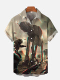 Sci-Fi Space Battle Retro Giant Armed Walker Battlefield Printing Short Sleeve Shirt