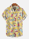 Abstract Cartoon Colorful Hand Drawn Martini Cup And Glass On Yellow Printing Breast Pocket Short Sleeve Shirt