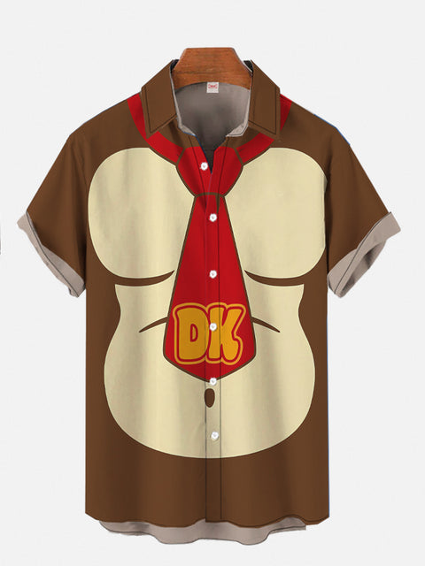 Brown Contrasting Red Tie Gorilla Cartoon Costume Short Sleeve Shirt