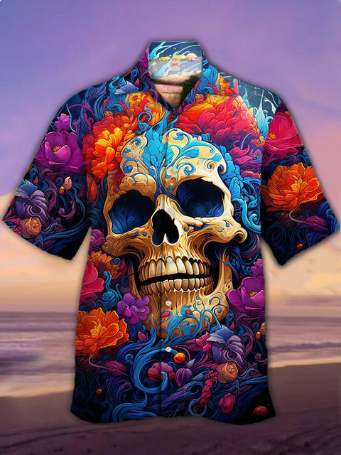 Eye-Catching Hippie Amazing Psychedelic Colorful Floral With Fancy Skull Printing Cuban Collar Hawaiian Short Sleeve Shirt