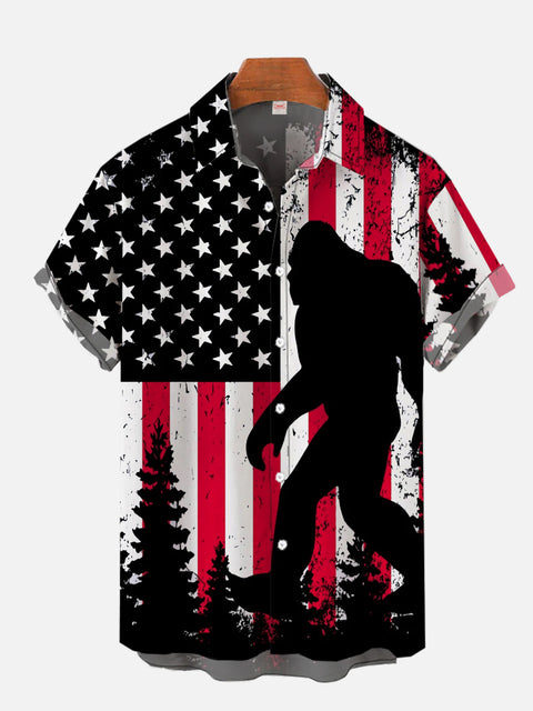 American Flag Black Giant Orangutan Silhouette Printing Short Sleeve Shirt