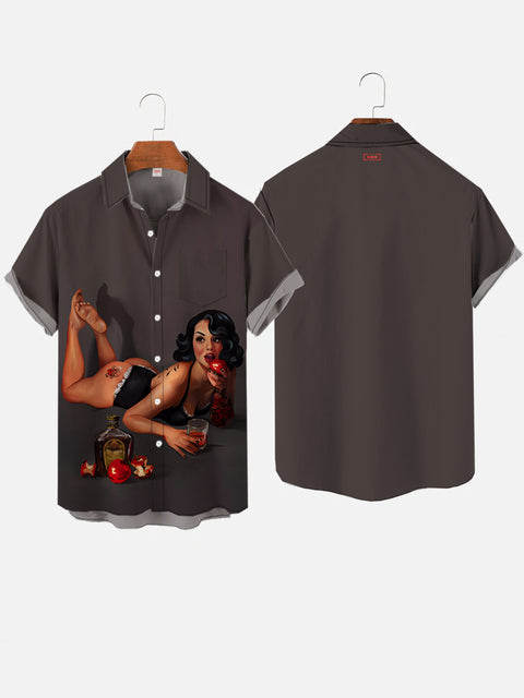 Vintage Pin Up Girl Poster Beauty And The Red Apples Printing Breast Pocket Short Sleeve Shirt