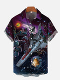 Purple Sci-Fi Astronauts Capture Spaceship Printing Short Sleeve Shirt