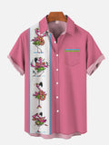 Vintage Pink And White Stripe Stitching Exotic Dancing Flamingo Printing Breast Pocket Short Sleeve Shirt