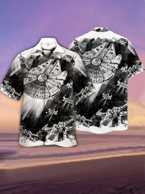 Eye-Catching Sci-Fi Ink Painting Space Wars Spaceship And Fighter Printing Cuban Collar Hawaiian Short Sleeve Shirt
