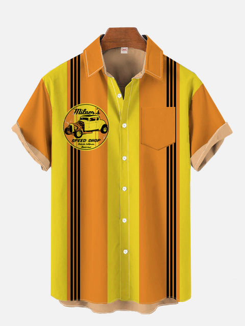 50s Retro Classic Yellow And Orange Striped Camping Breast Pocket Short Sleeve Shirt