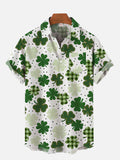 Vintage 60s St. Patrick's Day British Style Lucky Clovers Printing Breast Pocket Short Sleeve Shirt