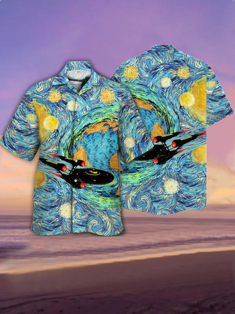 Eye-Catching Oil Painting Starry Night Milky Way And Spaceship Printing Cuban Collar Hawaiian Short Sleeve Shirt