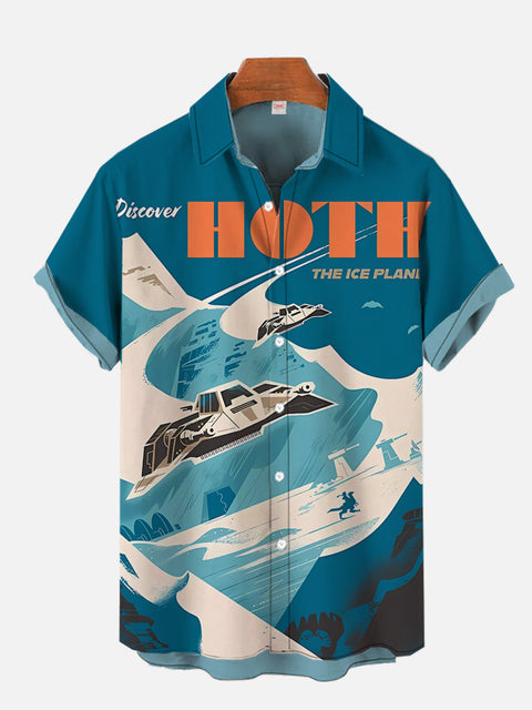 Retro Cyan Poster Space Wars Science Fiction Spaceships And Snowfields Printing Short Sleeve Shirt