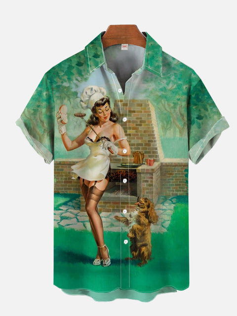 Vintage Pin Up Girl Poster Family Bbq Girl And Pet Dog Printing Short Sleeve Shirt
