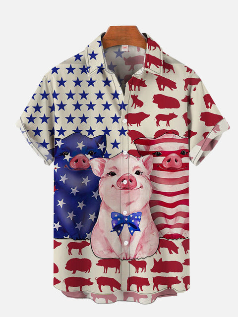 Casual Button Down Funny Pig And American Flag Printing Short Sleeve Shirt