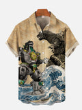 Modern Painting Ukiyo-E Godzilla With Mech Ocean Waves Personalized Printing Short Sleeve Shirt