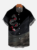 Abstract Black Gold Wavy Lines With Dragon Printing Short Sleeve Shirt