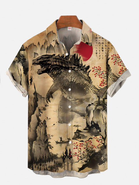 Ancient Ink Painting Ukiyo-E Godzilla Personalized Printing Short Sleeve Shirt