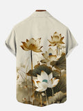 Mysterious Oriental Charm Ink Painting Lotus Flowers And Lotus Leaves Lotus Pond Printing Short Sleeve Shirt
