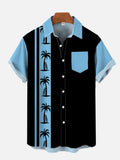 Retro Blue And Black Striped Style Hawaiian Coconut Tree Printing Breast Pocket Short Sleeve Shirt