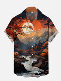 Ukiyo-E Landscape Mountains Red Sun And Stream Printing Breast Pocket Short Sleeve Shirt